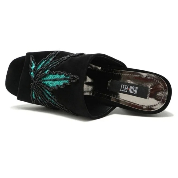 IRON FIST ✦ Mary Jane Block Heel Mules ✦ Green Black Vegan Velvet Weed Leaf - Picture 5 of 10